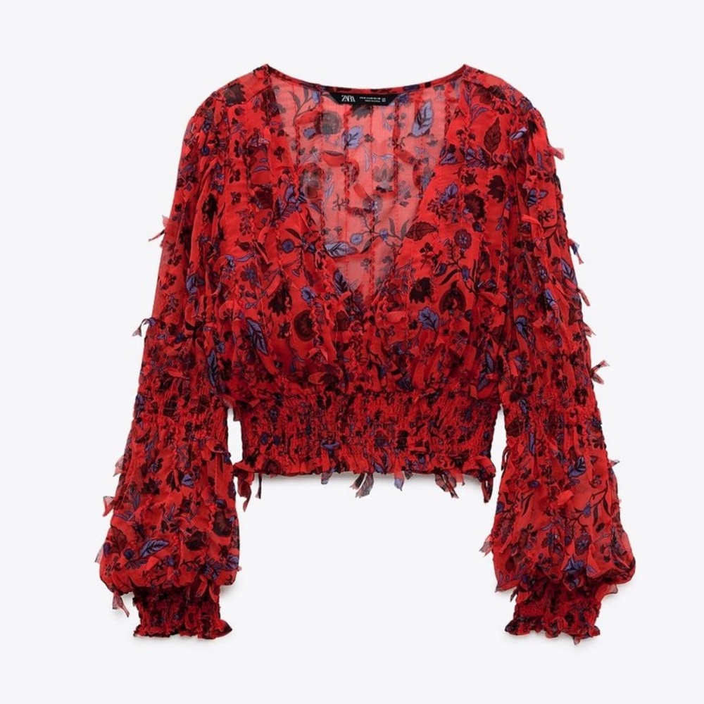 Zara Red and Blue Floral Blouse